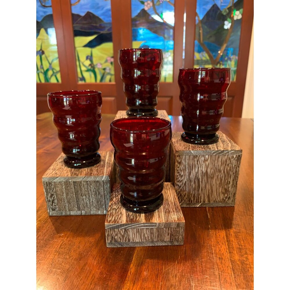 Anchor Hocking Royal Ruby Red Whirly Twirly Juice Glasses.